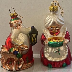 Vintage Santa & Mrs Claus Blown Glass Christmas Ornaments 5”